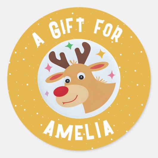 Cute Reindeer Snowflakes Kid`s Name Christmas Ronde Sticker (Voorkant)
