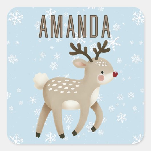 Cute Reindeer Snowflakes Kids Name Christmas Vierkante Sticker (Voorkant)