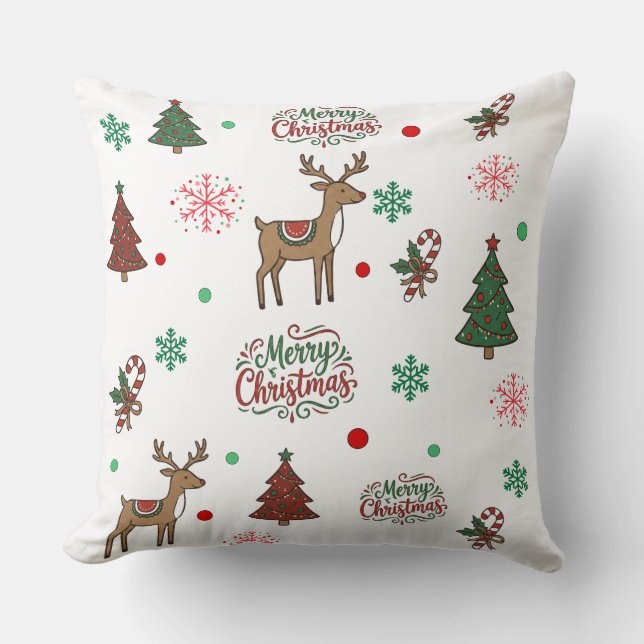 Cute Reindeer & Tree Merry Christmas Pattern Throw Kussen (Voorkant)