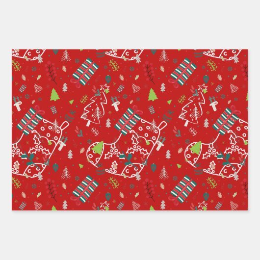 Cute Reindeer, Trees & Snowflakes Festive Design Inpakpapier Vel (Voorkant 3)