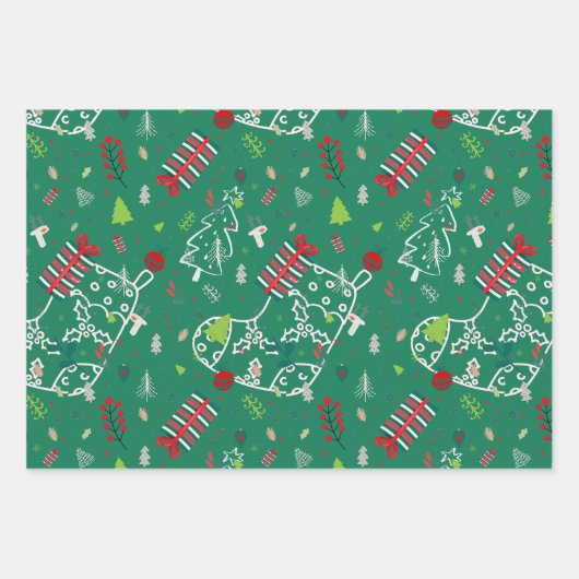 Cute Reindeer, Trees & Snowflakes Festive Design Inpakpapier Vel (Voorkant 2)