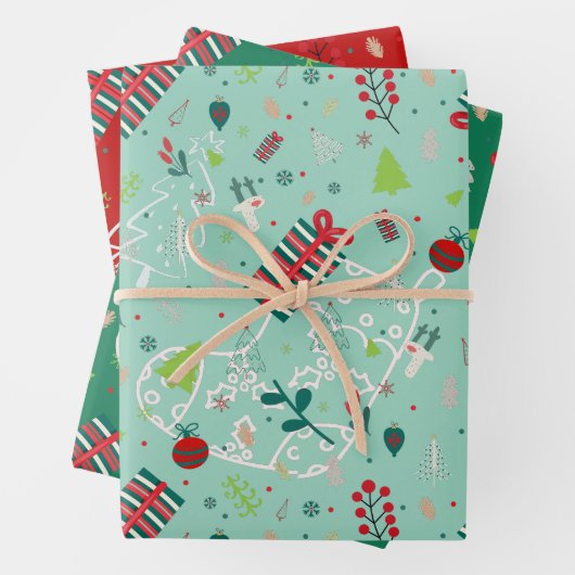 Cute Reindeer, Trees & Snowflakes Festive Design Inpakpapier Vel (In situ)
