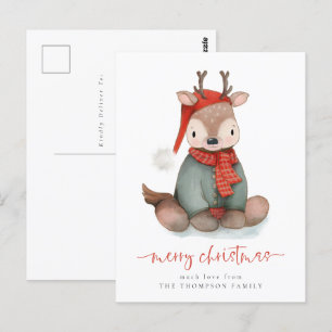 Cute Reindeer Waterverf Merry Kerstfeestdag Briefkaart