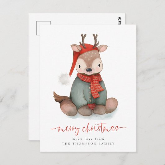 Cute Reindeer Waterverf Merry Kerstfeestdag Briefkaart (Voorkant / Achterkant)
