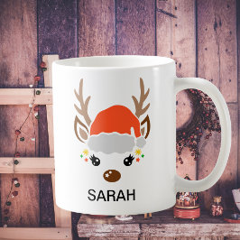 Cute Reindeer with Santa Hat Custom Name Koffiemok