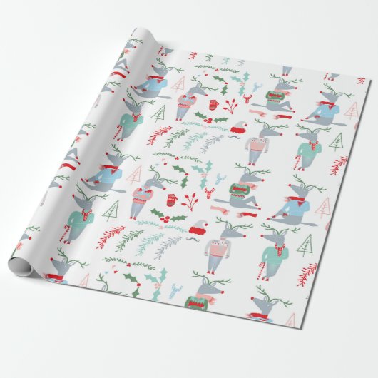 Cute Reindeer Woodland Animal Kerstmis Cadeaupapier (Uitgerold)