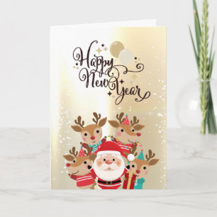 Cute Reindeers, Santa Claus Gold Holiday Feestdagen Kaart