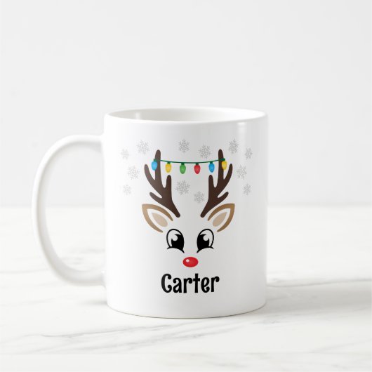 Cute Reindejongen Kerstlampjes Aangepaste naam Koffiemok (Links)