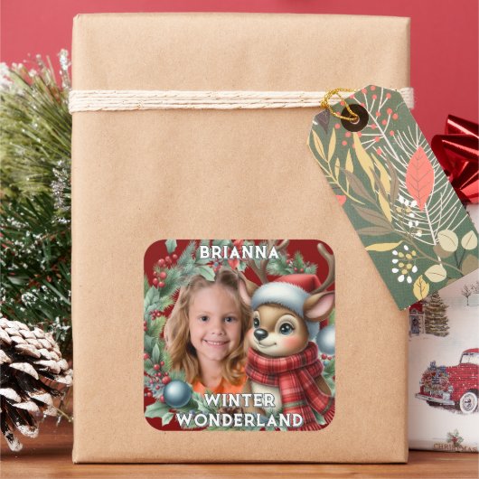 Cute Rendier Kerst Krans  Vierkante Sticker (Feestdagen)