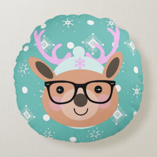 Cute Rendier Kerstfeest Sjaal Hoed Bril    Rond Kussen