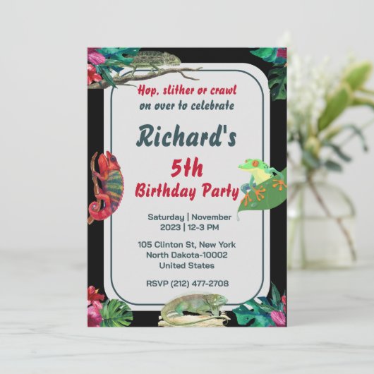 Cute Reptile Th-Kind Birthday Party Kaart (Staand voorkant)