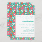 Cute Retro 60s Flowers Turquoise Bat Mitzvah Kaart (Voorkant / Achterkant)