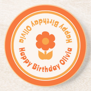 Cute Retro 70s Bloem Oranje Happy Birthday Zandsteen Onderzetter