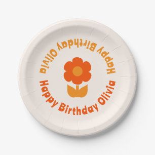 Cute Retro 70s Flower Happy Birthday Personalized Papieren Bordje