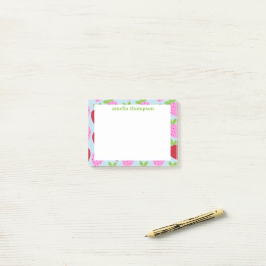 Cute Retro Aardbery Fruit Pattern Personalized Post-it® Notes (Op bureau)