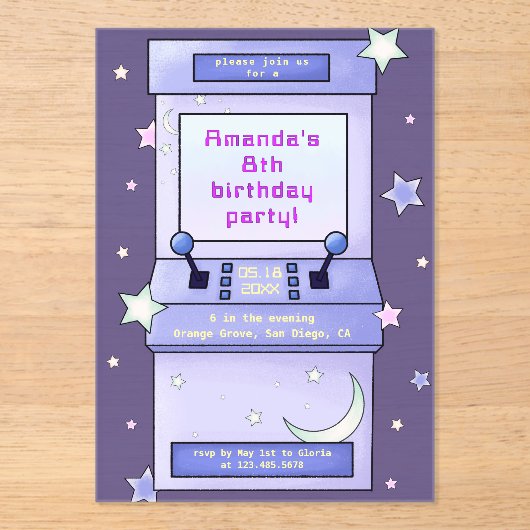 Cute Retro Arcade Game Kids Birthday Acryl Uitnodigingen (Voorkant)