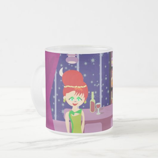 Cute Retro Art Romantic Bar Nightlife Cartoon Matglas Koffiemok (Voorkant links)