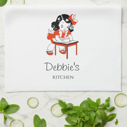 Cute  Retro Baking Girl Kitchen Towel Theedoek (Gevouwen)