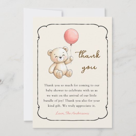Cute retro Bear Baby girl shower Thank you card Bedankkaart (Voorkant)