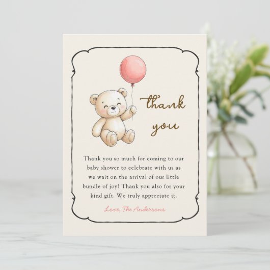 Cute retro Bear Baby girl shower Thank you card Bedankkaart (Staand voorkant)