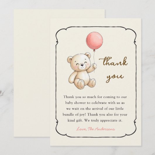 Cute retro Bear Baby girl shower Thank you card Bedankkaart (Voorkant / Achterkant)