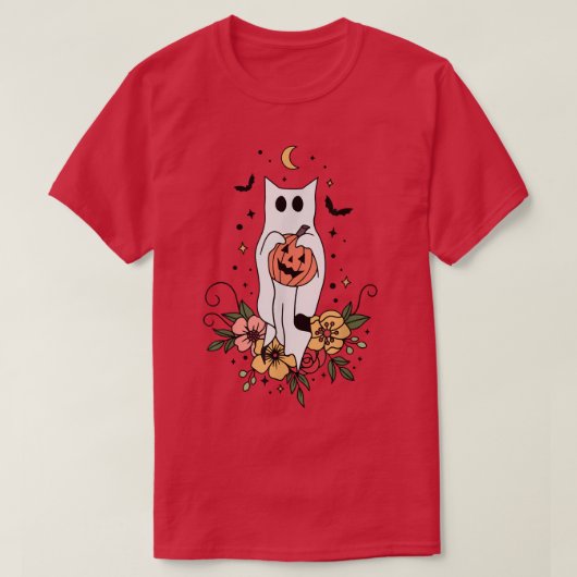 Cute Retro Black Cat Ghost Flower Fall Halloween C T-shirt (Design voorkant)