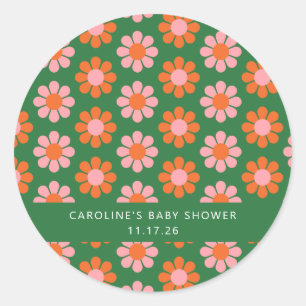 Cute Retro Bloemen Groen Roze Aangepaste Baby Show Ronde Sticker