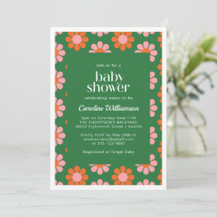 Cute Retro Bloemen Groen Roze Baby Shower Kaart