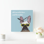 Cute Retro Blue French bulledog met neonbril Vierkante Klok (Huis)