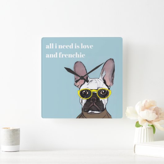 Cute Retro Blue French bulledog met neonbril Vierkante Klok (Huis)
