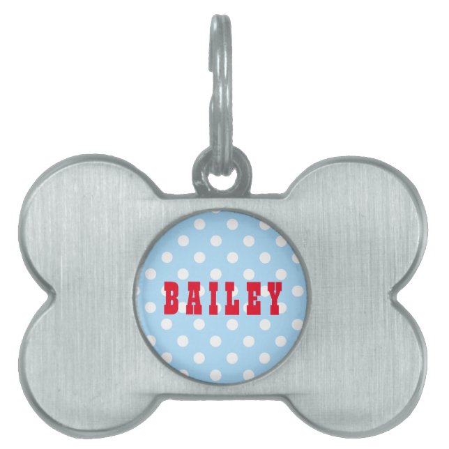 Cute Retro Blue Polka Dog Cat Kat Pup Name Huisdieren Naamplaatje (voorkant)