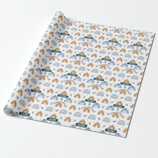 Cute Retro Boho Celestial Pattern Birthday Cadeaupapier (Uitgerold)