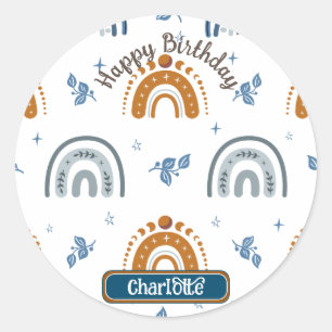 Cute Retro Boho Celestial Pattern Birthday Ronde Sticker