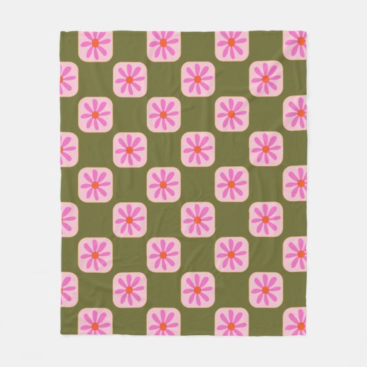 Cute Retro Boho Checkerboard Flower Green Roze Fleece Deken (Voorkant)
