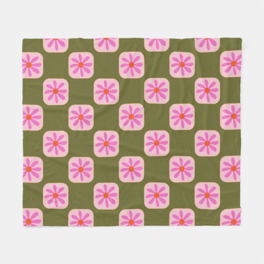 Cute Retro Boho Checkerboard Flower Green Roze Fleece Deken (Voorkant (Horizontaal))