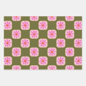Cute Retro Boho Checkerboard Flower Green Roze Inpakpapier Vel (Voorkant 3)