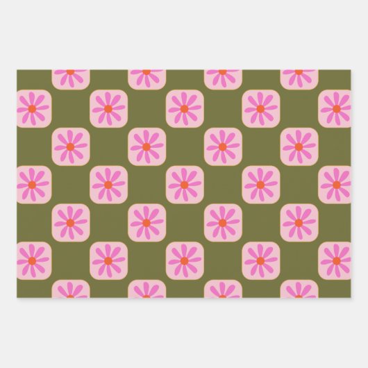 Cute Retro Boho Checkerboard Flower Green Roze Inpakpapier Vel (Voorkant 3)