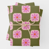 Cute Retro Boho Checkerboard Flower Green Roze Inpakpapier Vel (In situ)