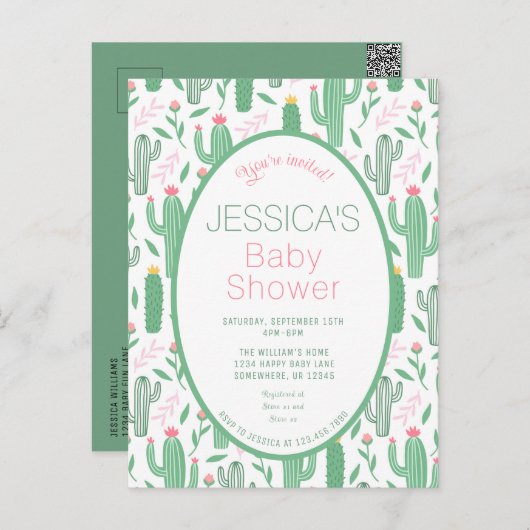 Cute Retro Cactus Succulent Floral Baby shower Briefkaart (Voorkant / Achterkant)