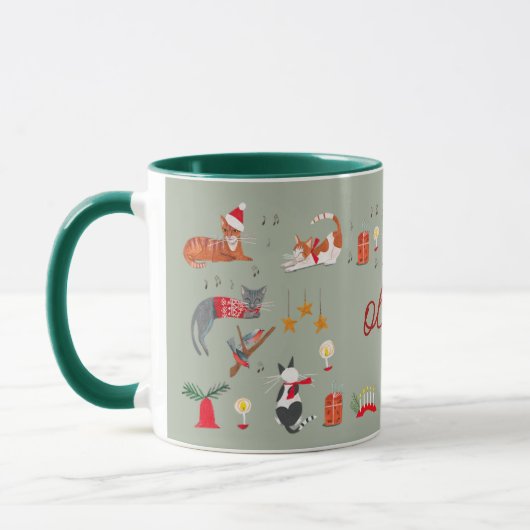 Cute retro cat green kerstpatroon Mok (Links)