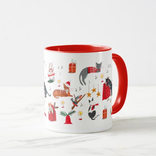 Cute retro cat red Christmas pattern Mug Mok (Voorkant rechts)