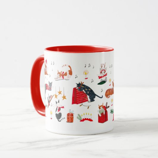 Cute retro cat red Christmas pattern Mug Mok (Voorkant links)