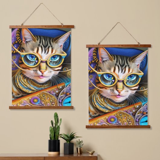 Cute Retro Cat Wearing Glasses Hangend Wandkleed (Asymmetrisch)