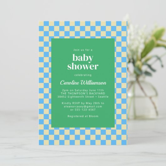 Cute Retro Checkerboard Blue Green Baby shower Kaart (Staand voorkant)