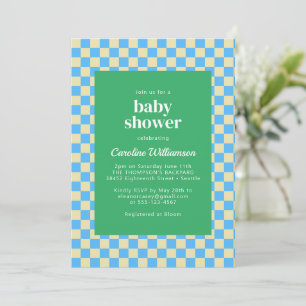Cute Retro Checkerboard Blue Green Baby shower Kaart