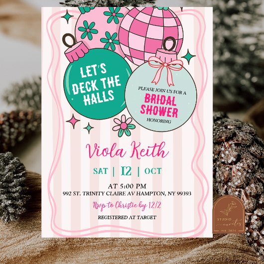 Cute Retro Christmas Deck the Halls Bridal Shower Kaart