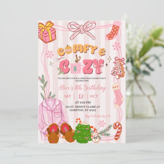 Cute Retro Christmas Pajama Party Girl Birthday Kaart (Staand voorkant)