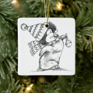 Cute Retro Christmas Penguin with Hat and Scarf Keramisch Ornament