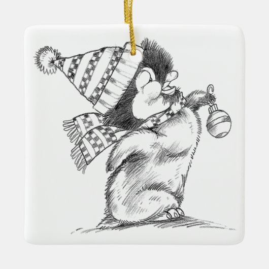 Cute Retro Christmas Penguin with Hat and Scarf Keramisch Ornament (Voorkant)