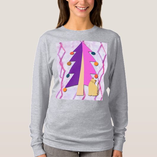 Cute Retro Christmas Tree and Cat Art on T-Shirt (Voorkant)